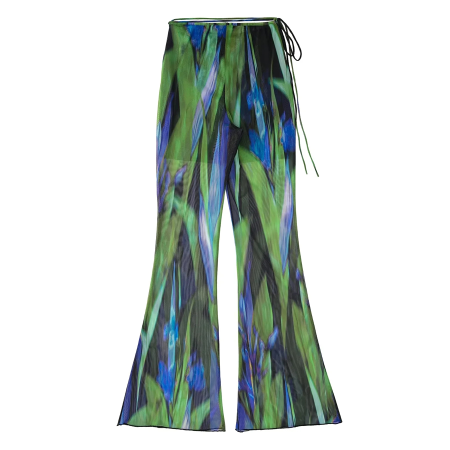 Fashion Green Printed Tulle Flared Trousers,Pants
