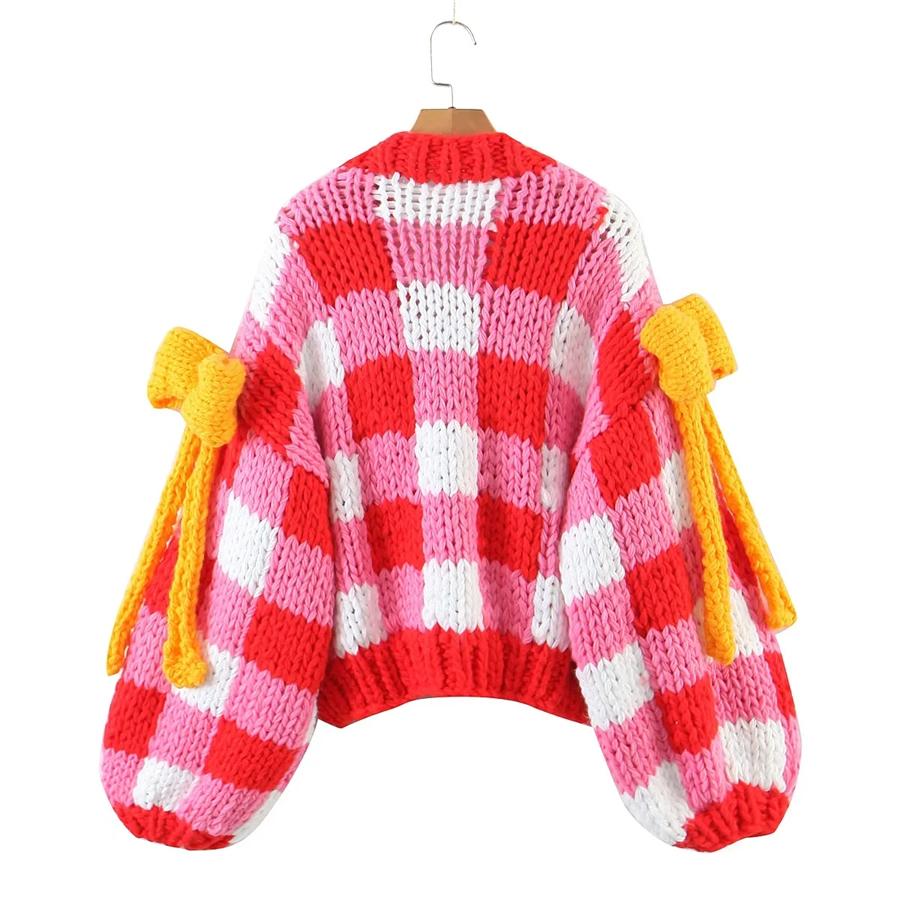 Fashion Red Polyester Cotton Check Knit Bow Cardigan,Sweater