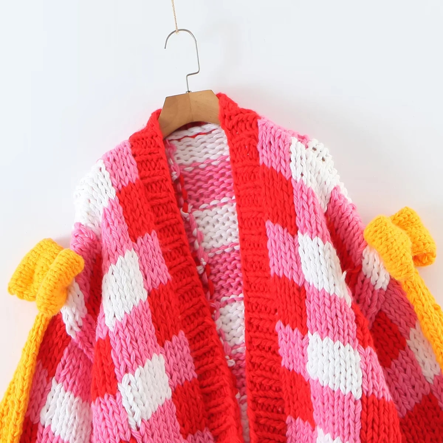 Fashion Red Polyester Cotton Check Knit Bow Cardigan,Sweater