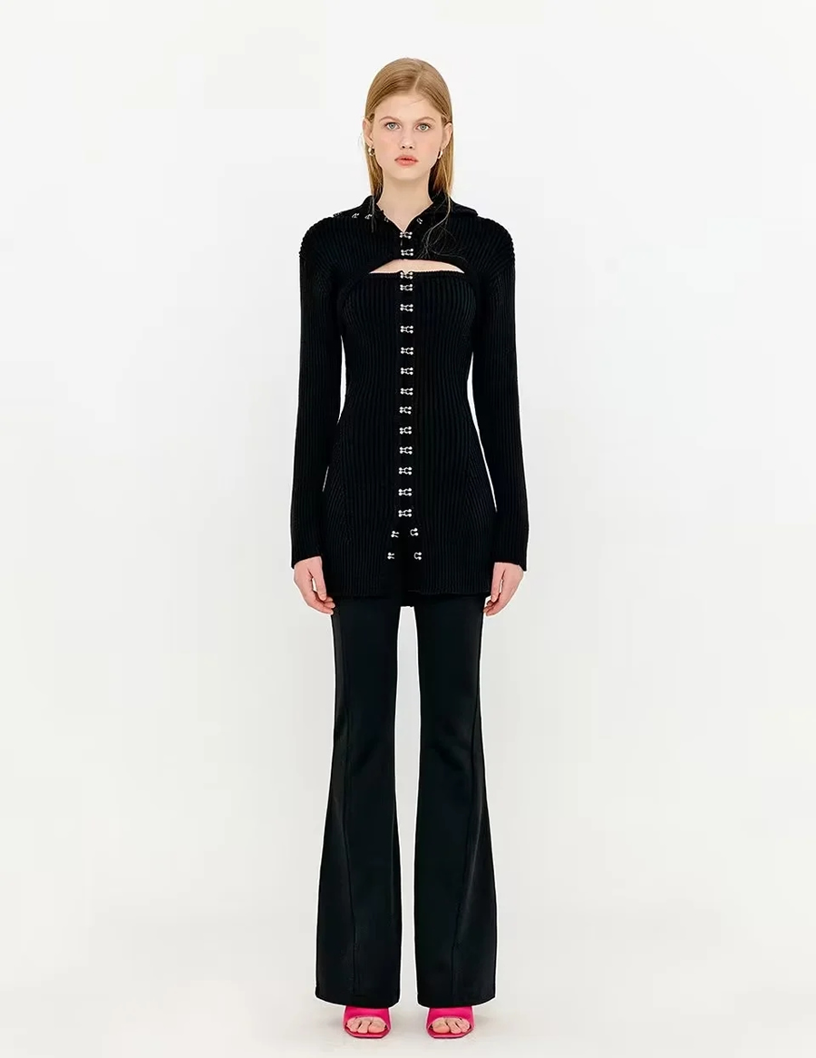 Fashion Black Blend Knit Stand Collar Cutout Two-piece Dress,Long Dress