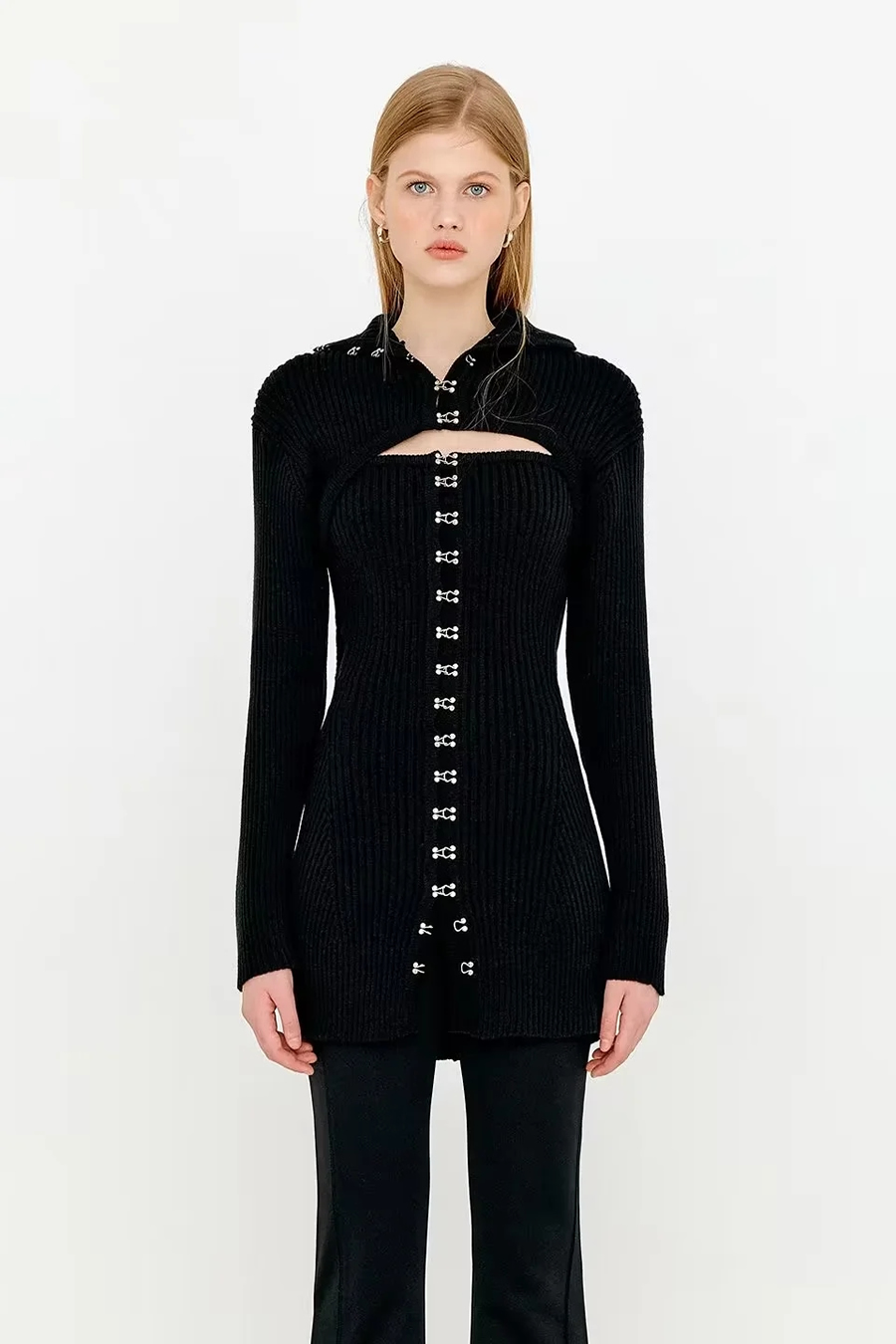 Fashion Black Blend Knit Stand Collar Cutout Two-piece Dress,Long Dress