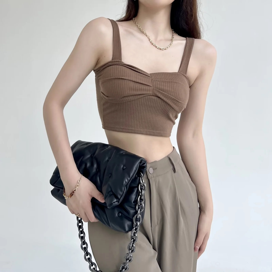 Fashion Brown Cotton Crinkled Knitted Suspenders,Tank Tops & Camis