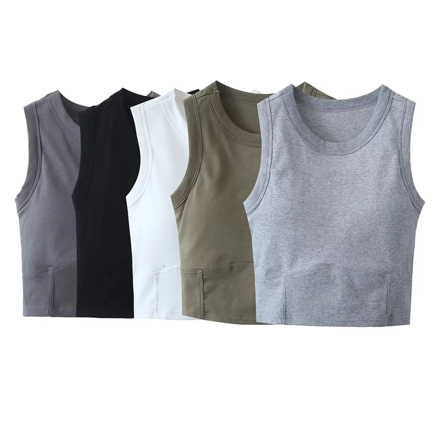 Fashion Dark Grey Cotton Crew Neck Vest,Tank Tops & Camis