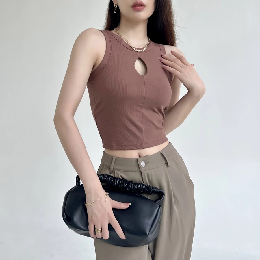 Fashion Khaki Cotton Cutout Vest,Tank Tops & Camis