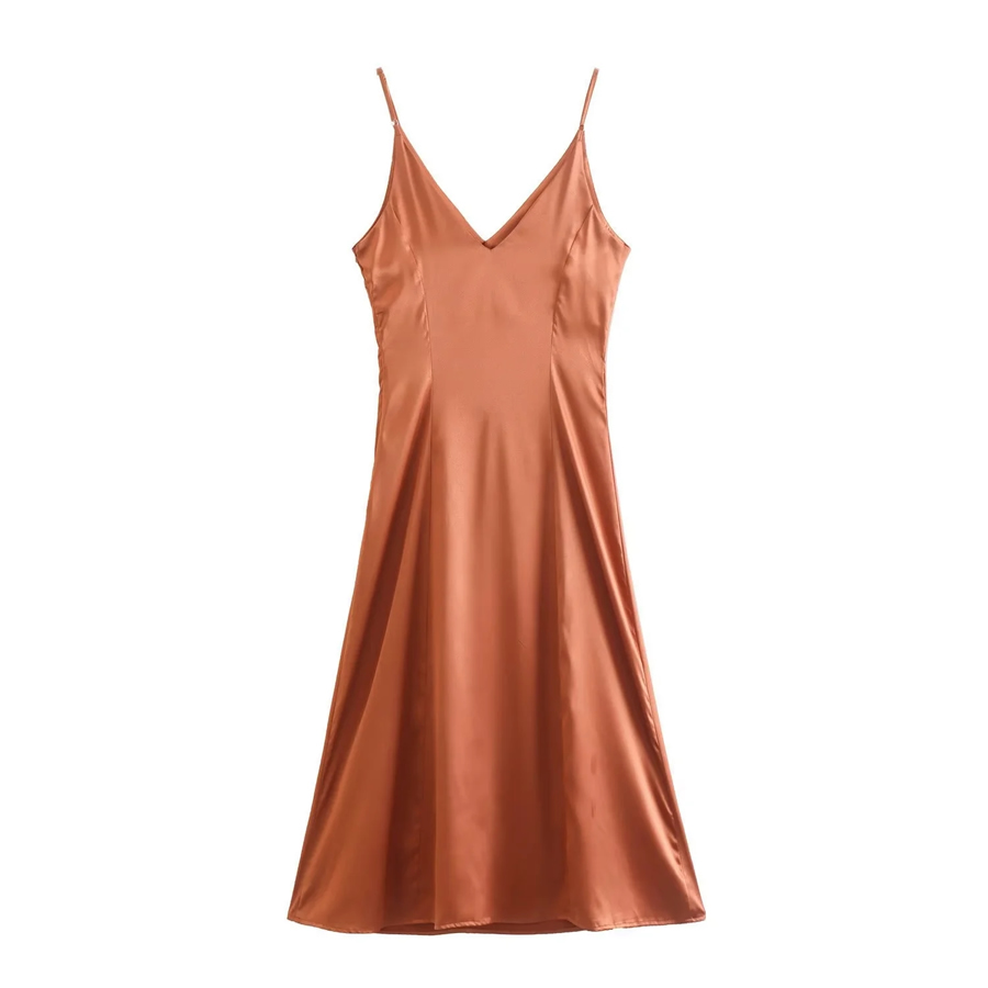 Fashion Orange V-neck Satin Slip Dress,Long Dress