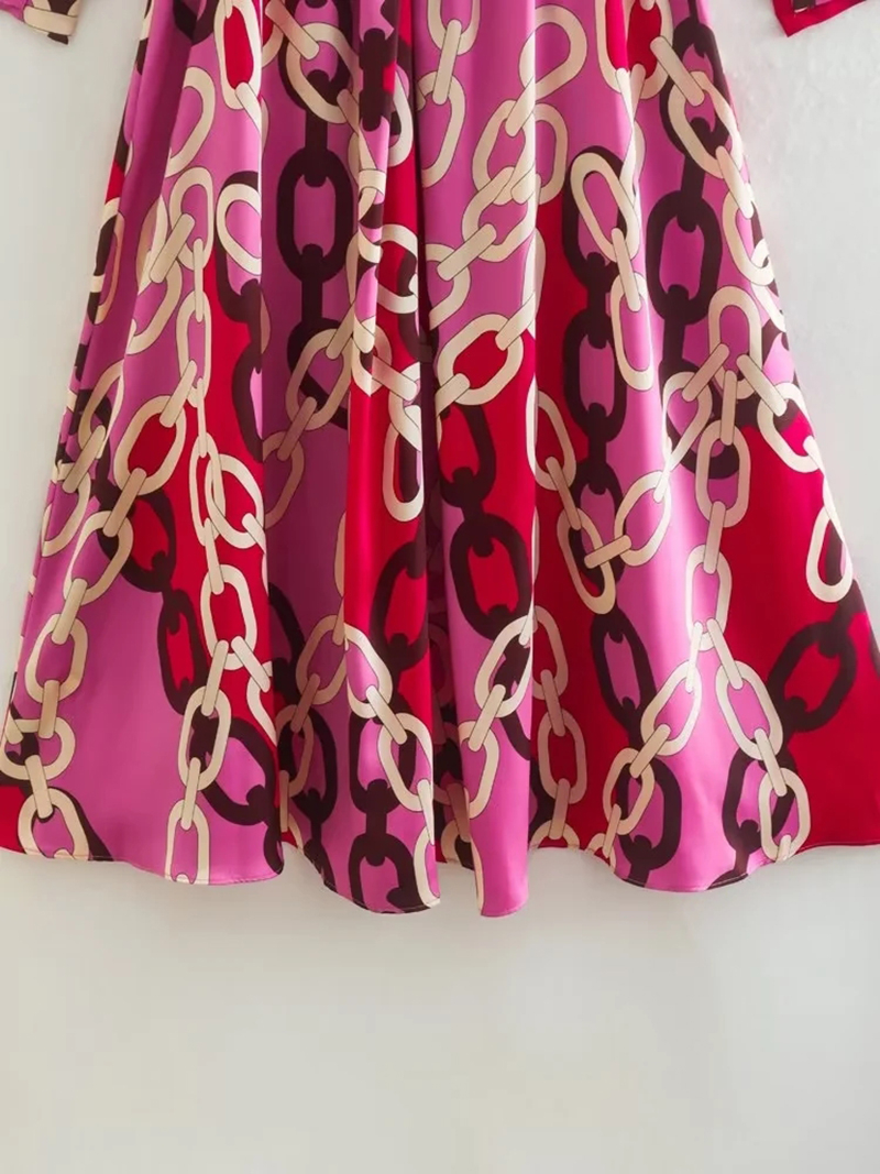 Fashion Rose Red Polyester Print Lapel Tie Dress,Long Dress