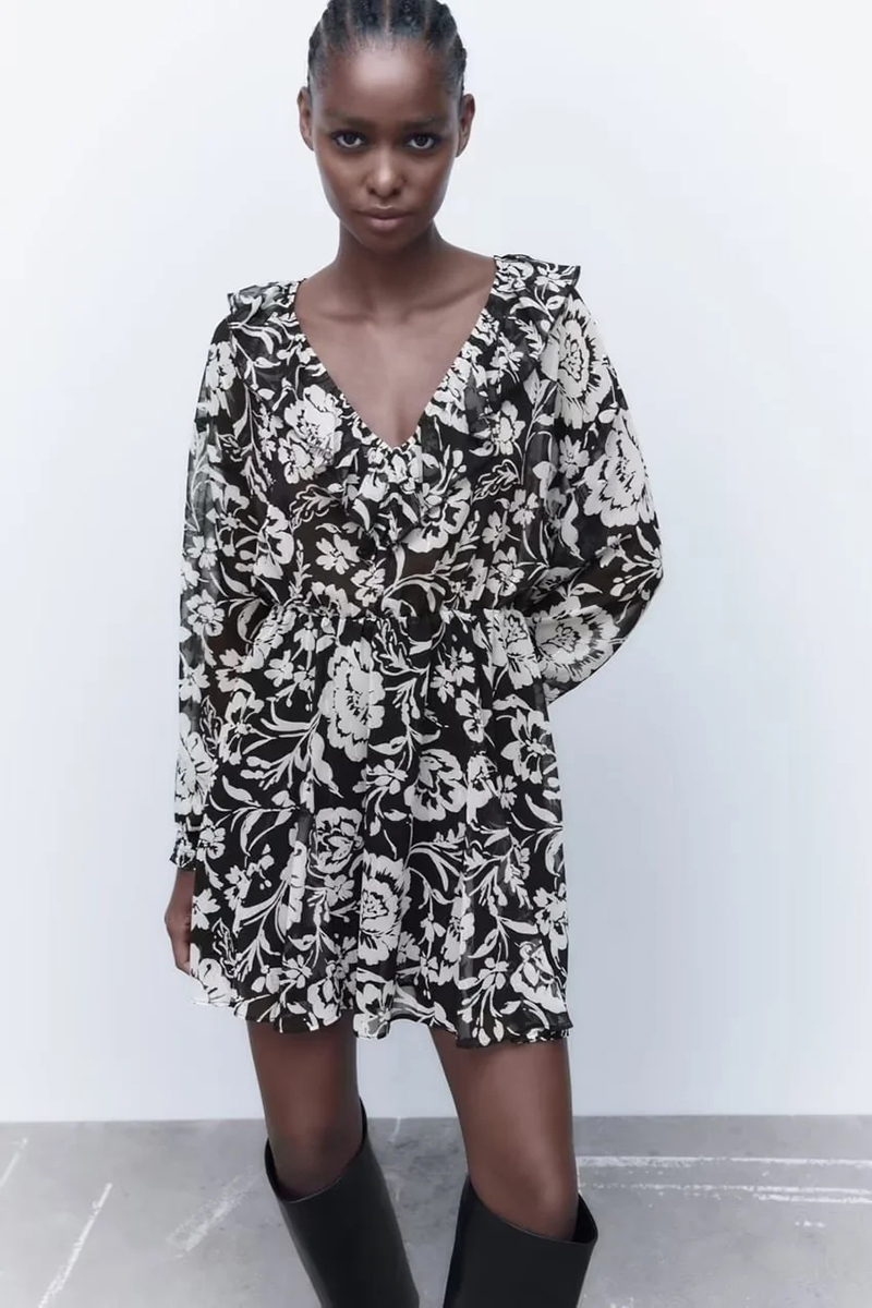 Fashion Black Polyester Print V-neck Dress,Long Dress