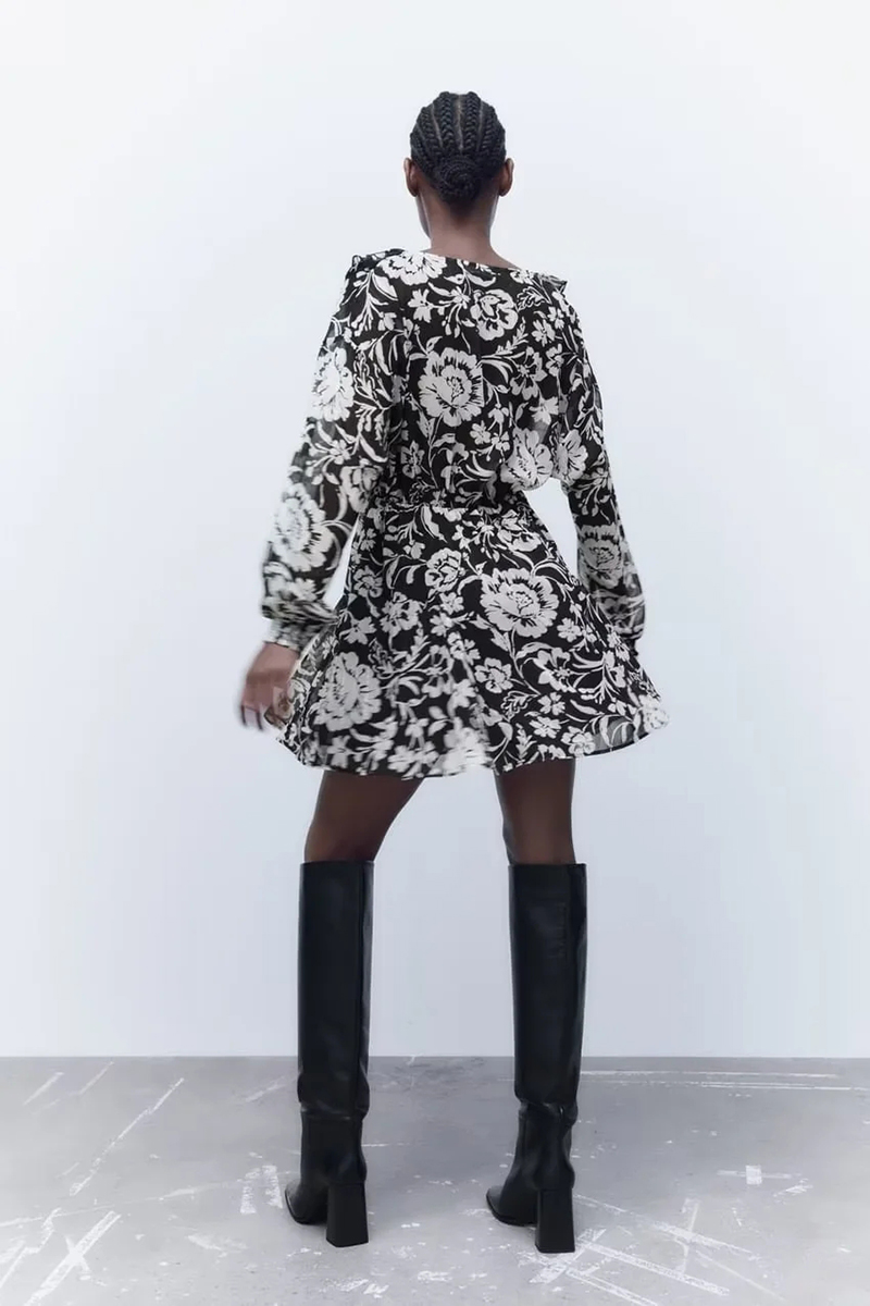 Fashion Black Polyester Print V-neck Dress,Long Dress