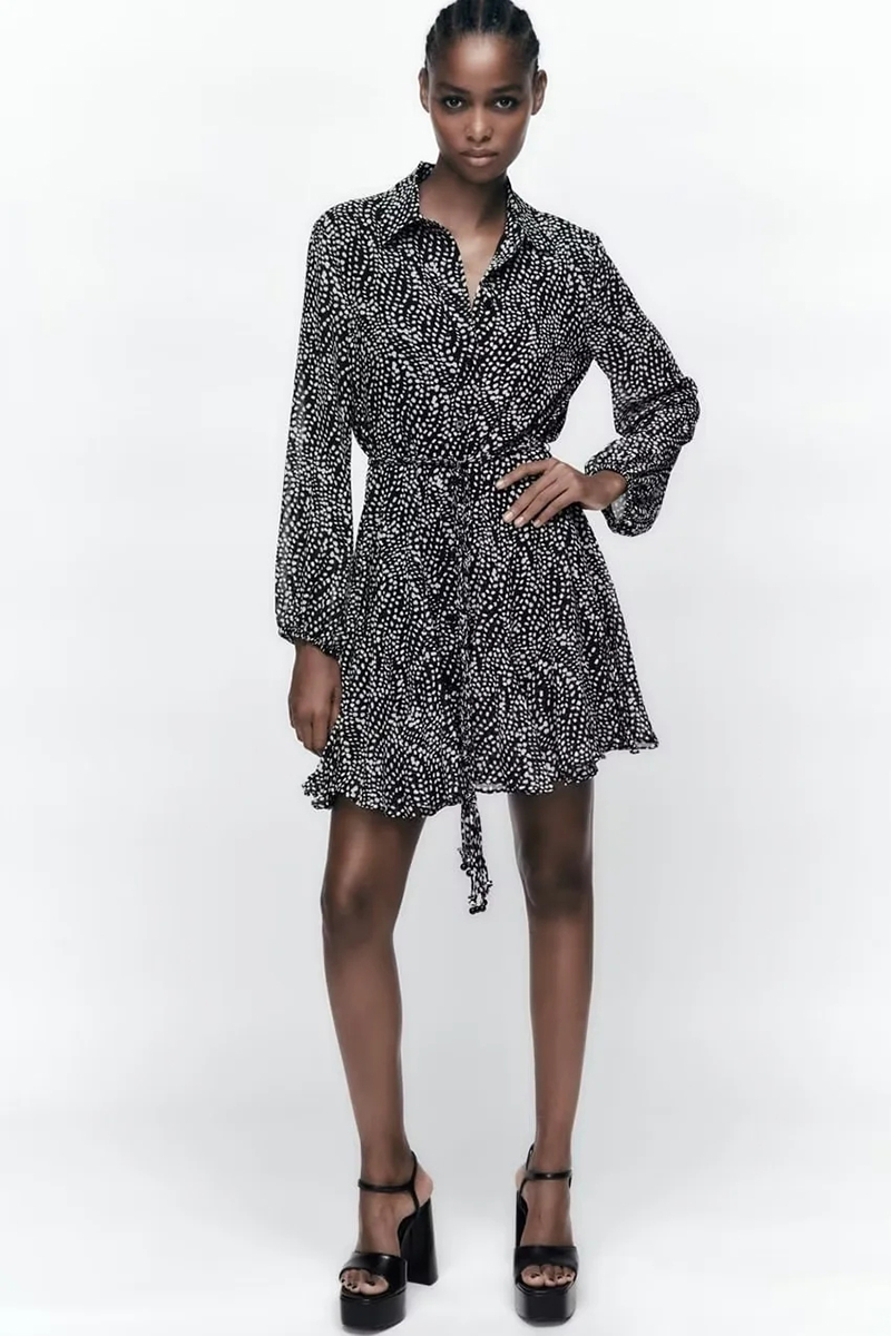 Fashion Black Polyester Print Lapel Dress,Long Dress