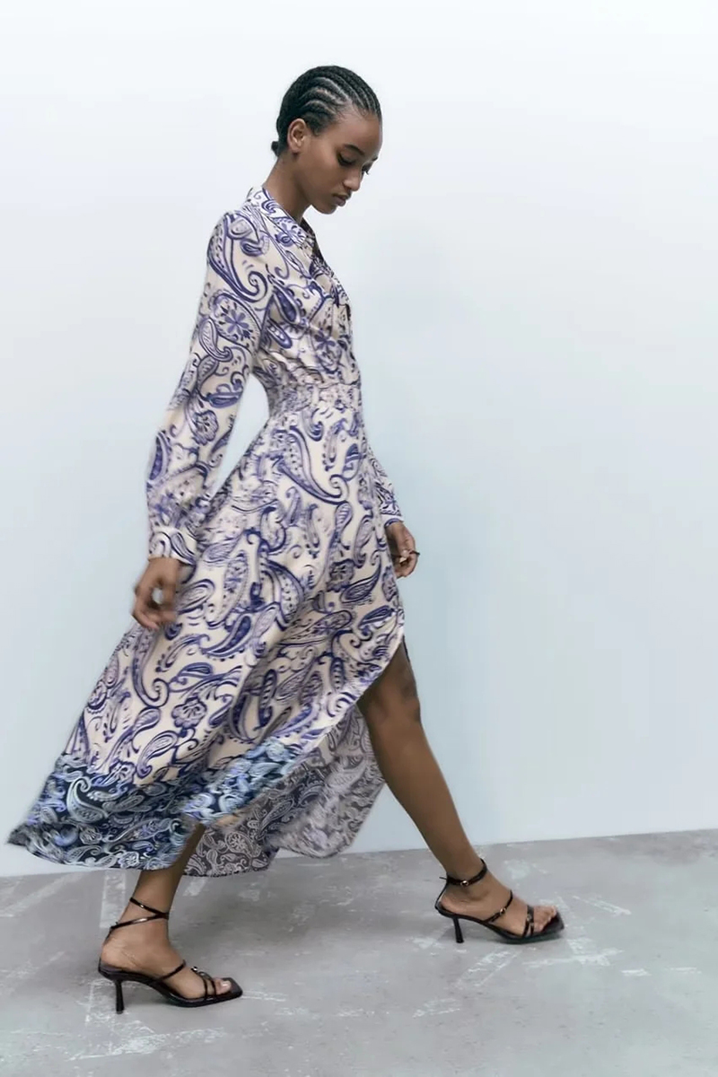 Fashion Blue Polyester Print Lapel Dress,Long Dress