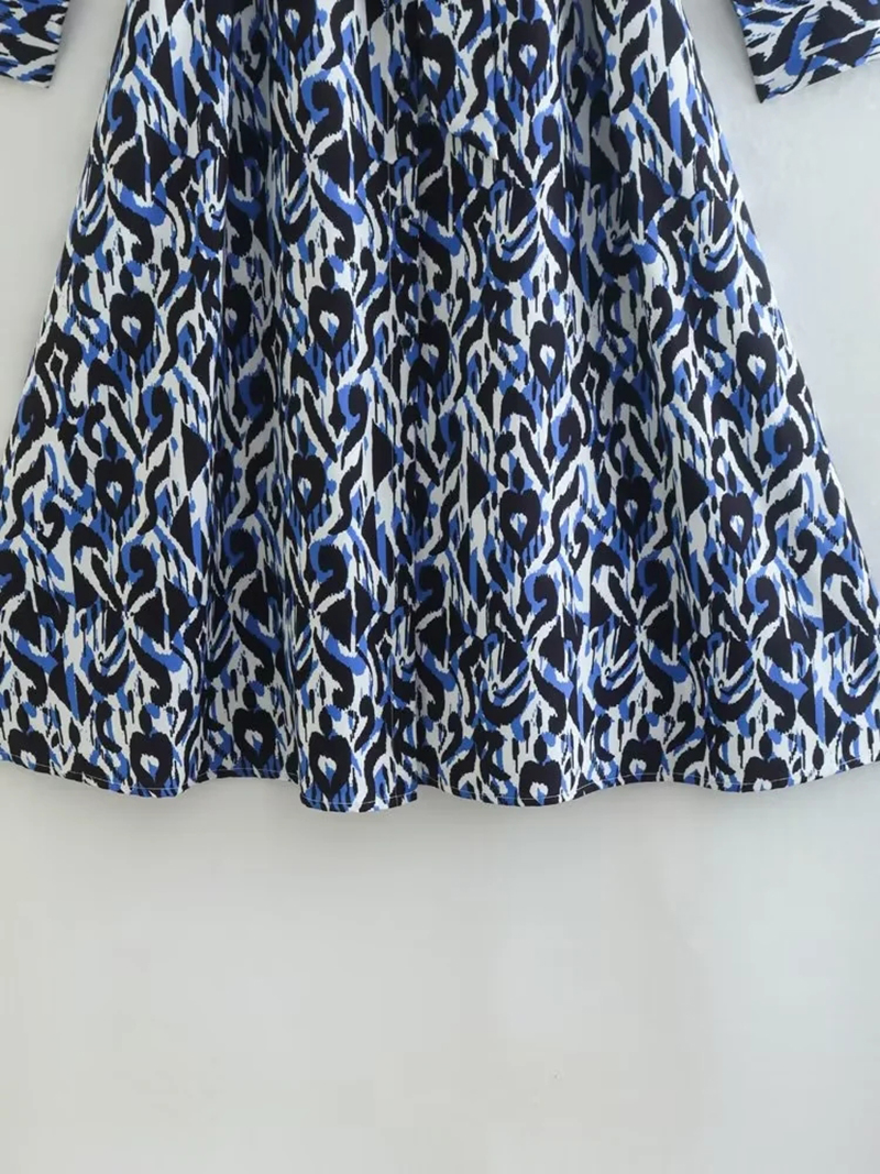 Fashion Blue Polyester Print Lapel Dress,Long Dress