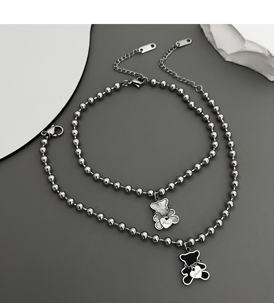 Fashion Silver-black Bear Titanium Steel Shell Bear Letter Heart Ball Chain Anklet,Fashion Anklets
