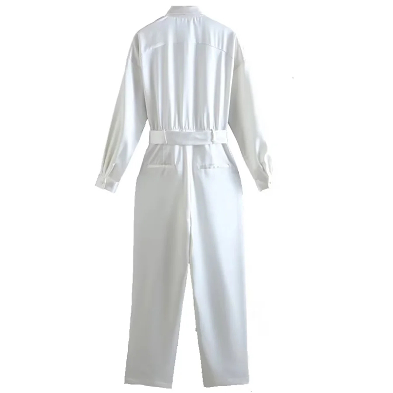 Fashion White Polyester Lapel Tie Jumpsuit,Tank Tops & Camis