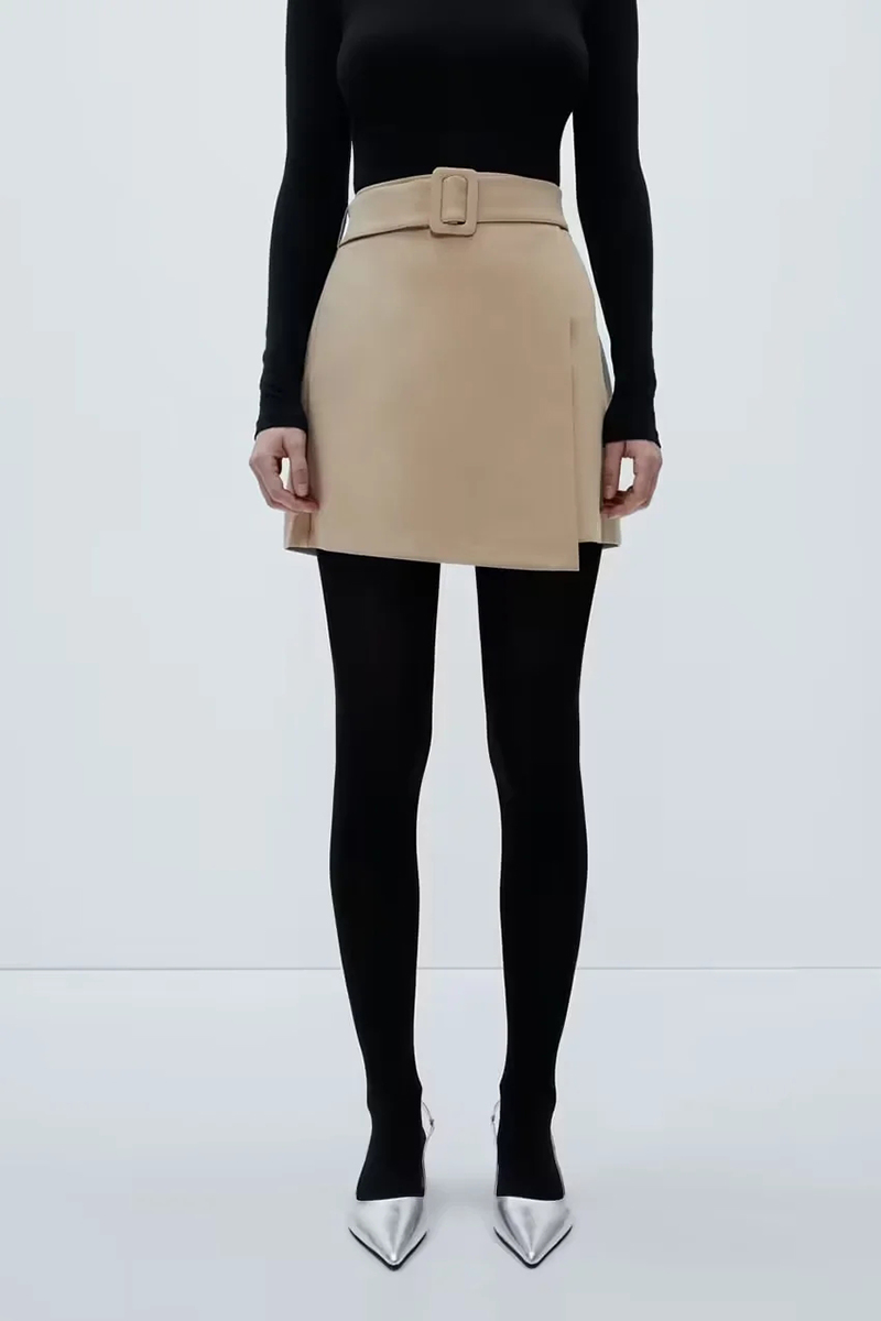Fashion Khaki Solid Color Belted Irregular Skirt,Skirts