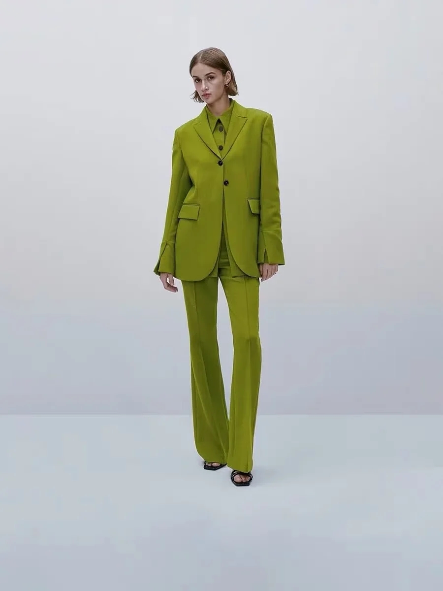 Fashion Green Woven Micro Pleated Straight-leg Trousers,Pants