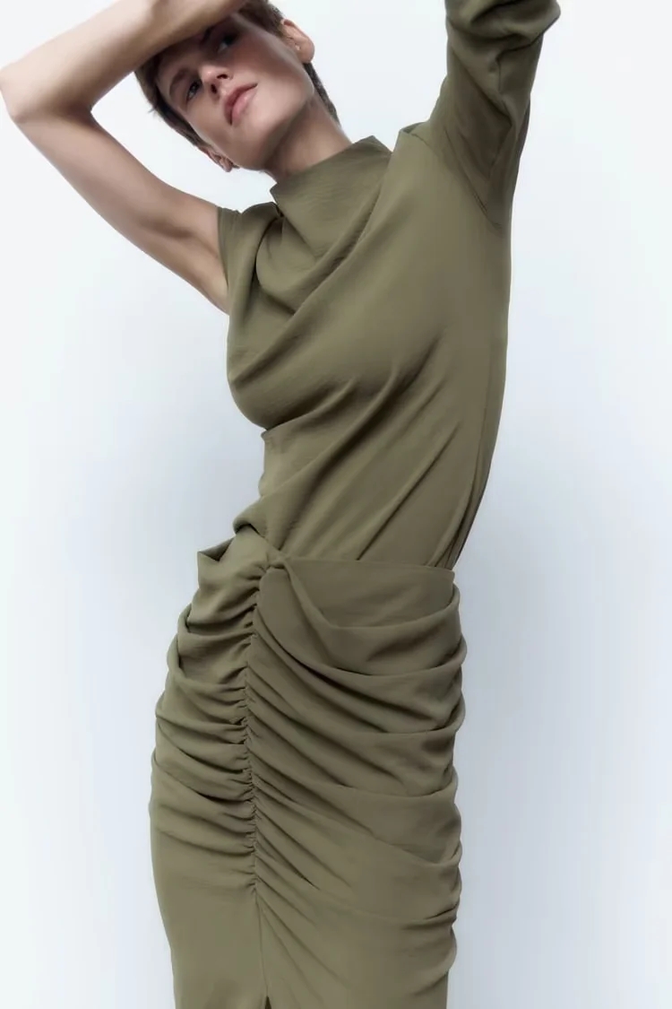 Fashion Mustard Green Woven Pleated Asymmetric Top,Tank Tops & Camis