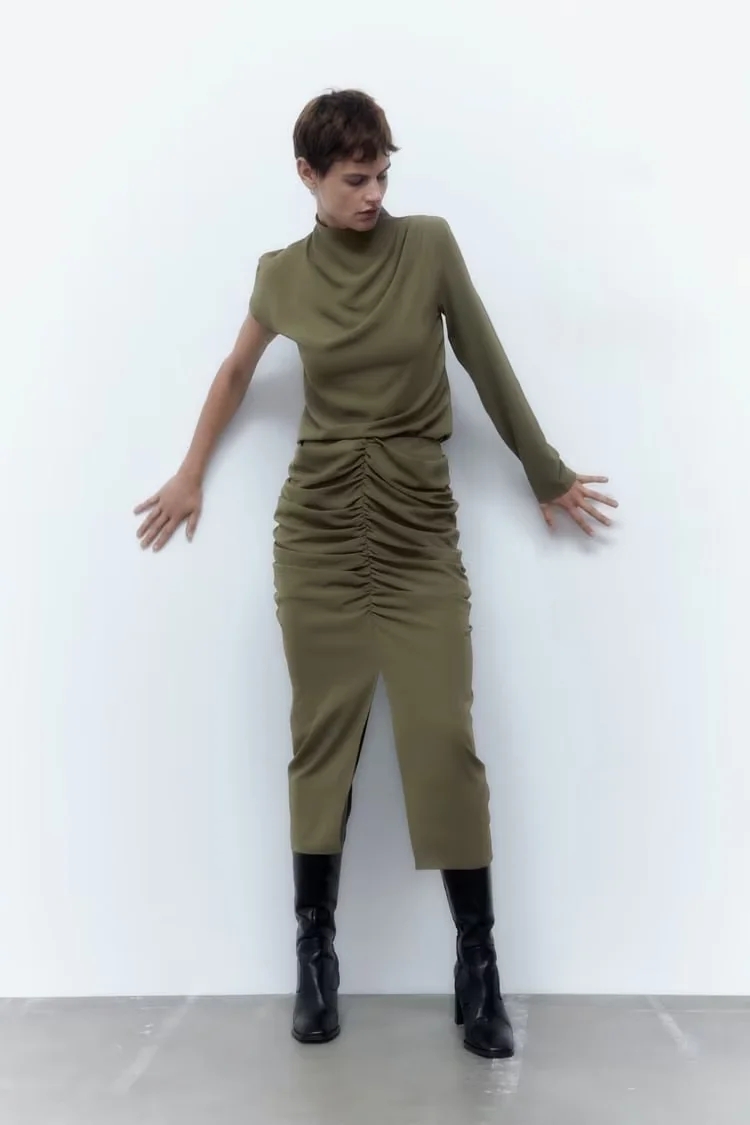 Fashion Mustard Green Woven Pleated Skirt,Skirts