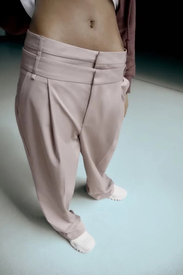 Fashion Khaki Woven High-rise Micro-pleated Straight-leg Trousers,Pants
