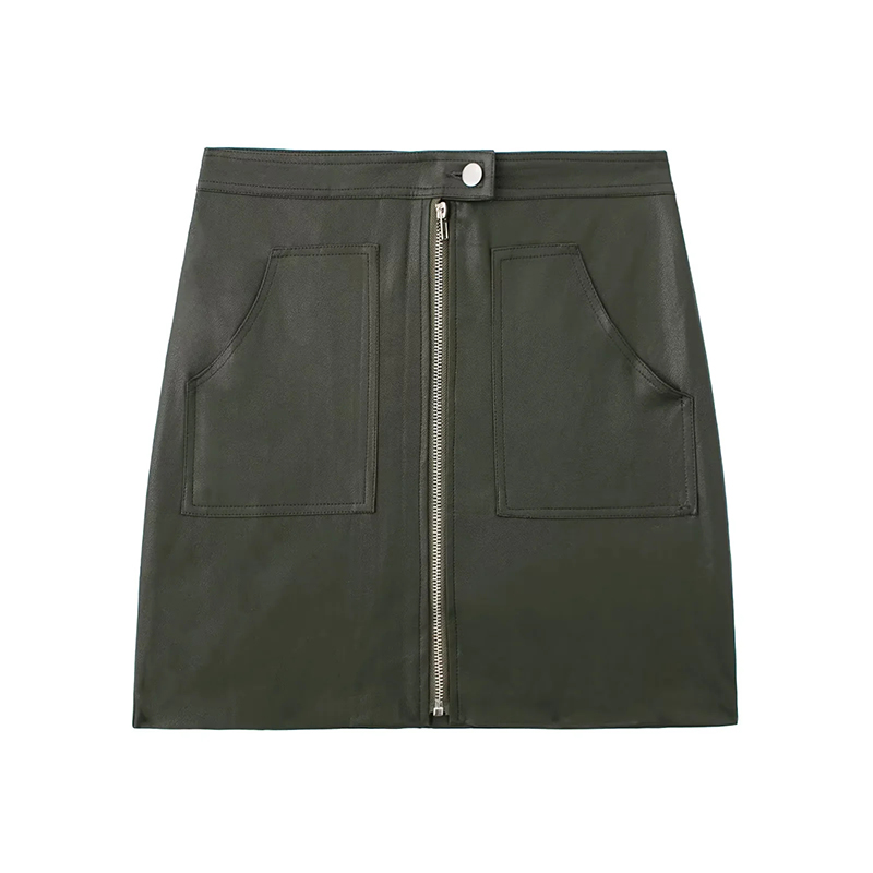 Fashion dark green Pu Zipper Skirt,Skirts