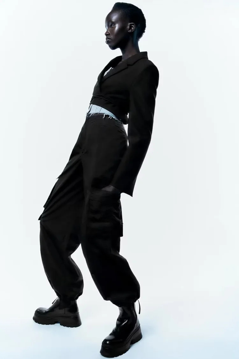 Fashion Black Blend Multi-pocket Cuffed Trousers,Pants