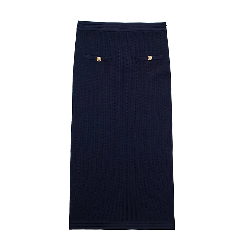 Fashion Blue Button-embellished Knitted Skirt,Skirts