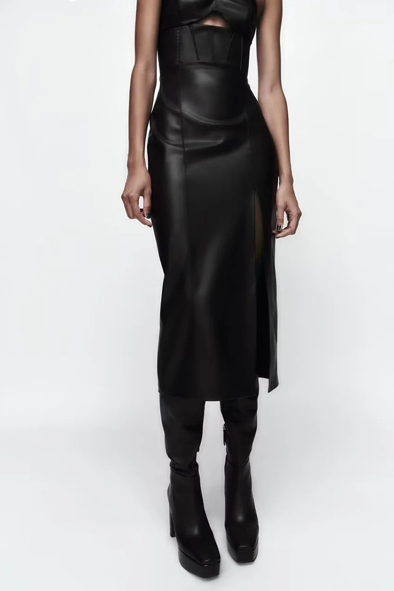 Fashion Black Faux-leather Dress With Stitching,Long Dress