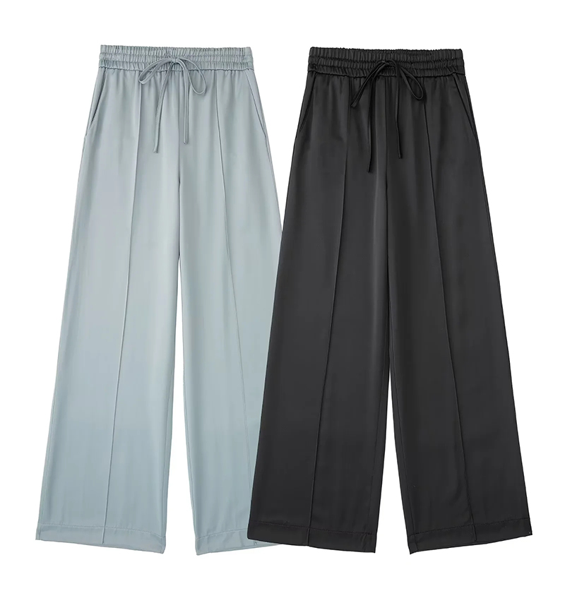 Fashion Blue Silk-satin Micro-pleated Straight-leg Trousers,Pants