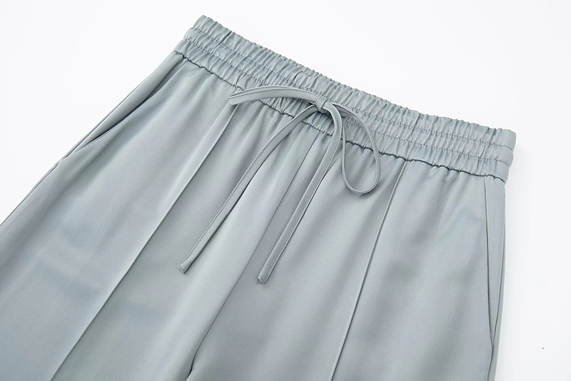 Fashion Blue Silk-satin Micro-pleated Straight-leg Trousers,Pants