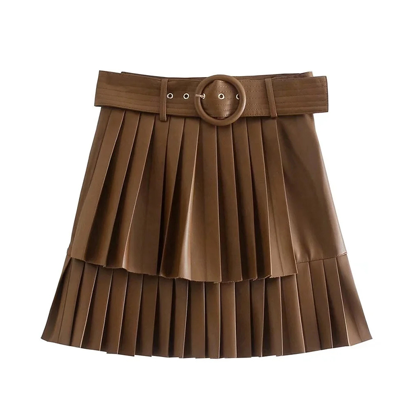 Fashion Brown Faux Leather Pleated Skirt,Skirts