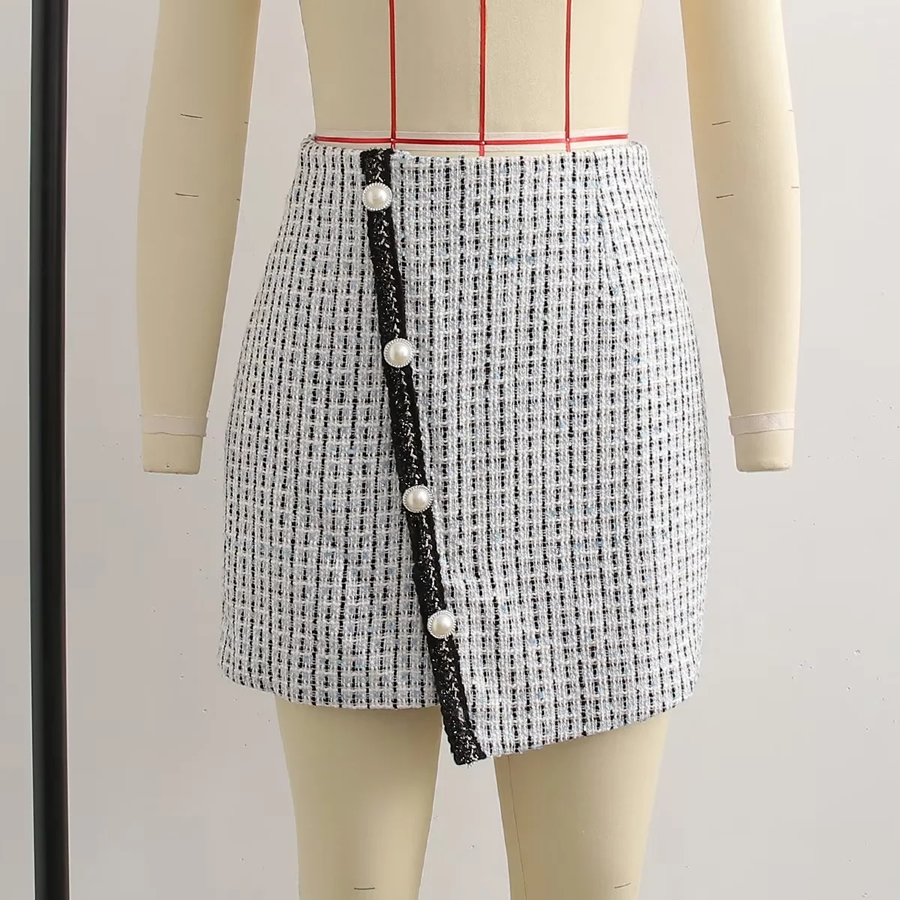 Fashion White Woolen Bias Button Skirt,Skirts