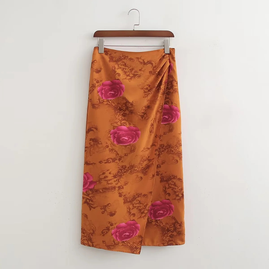 Fashion Orange Base Pink Flower Printed Drawstring Skirt,Skirts