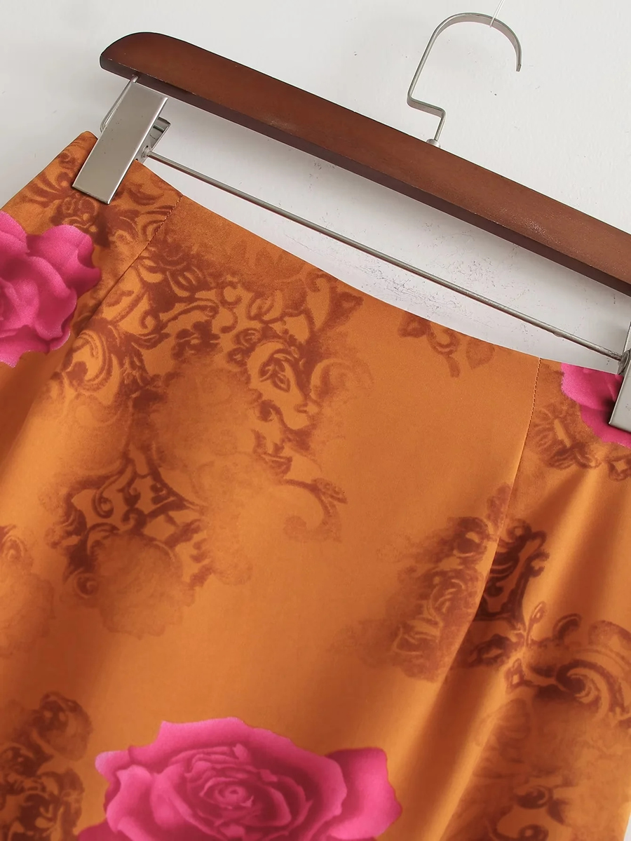 Fashion Orange Base Pink Flower Printed Drawstring Skirt,Skirts