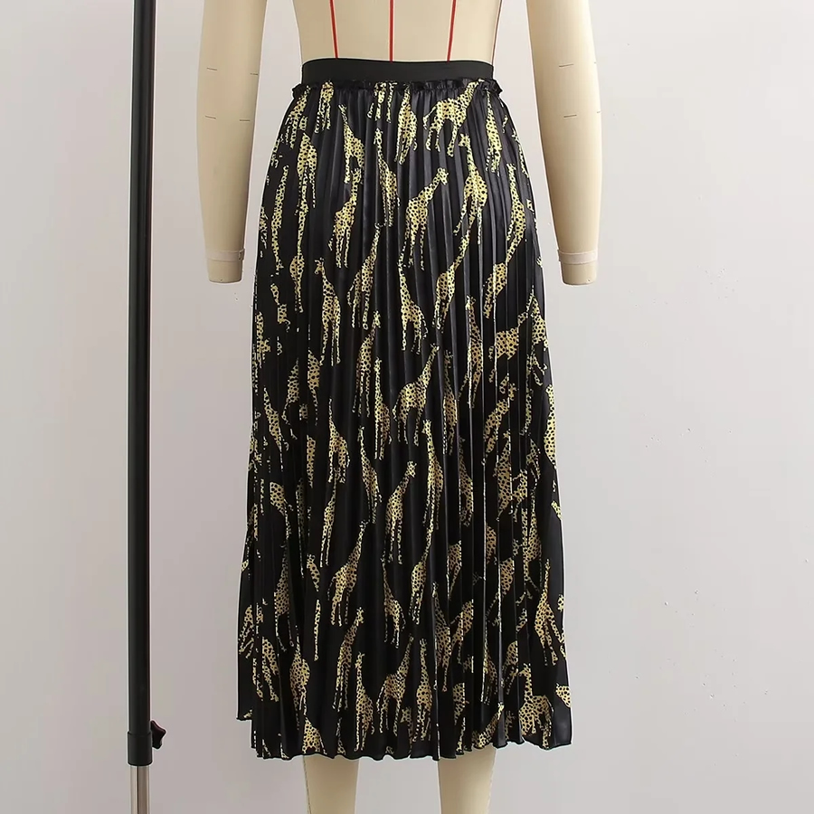 Fashion Yellow Flower On Black Pleated Printed Skirt,Skirts