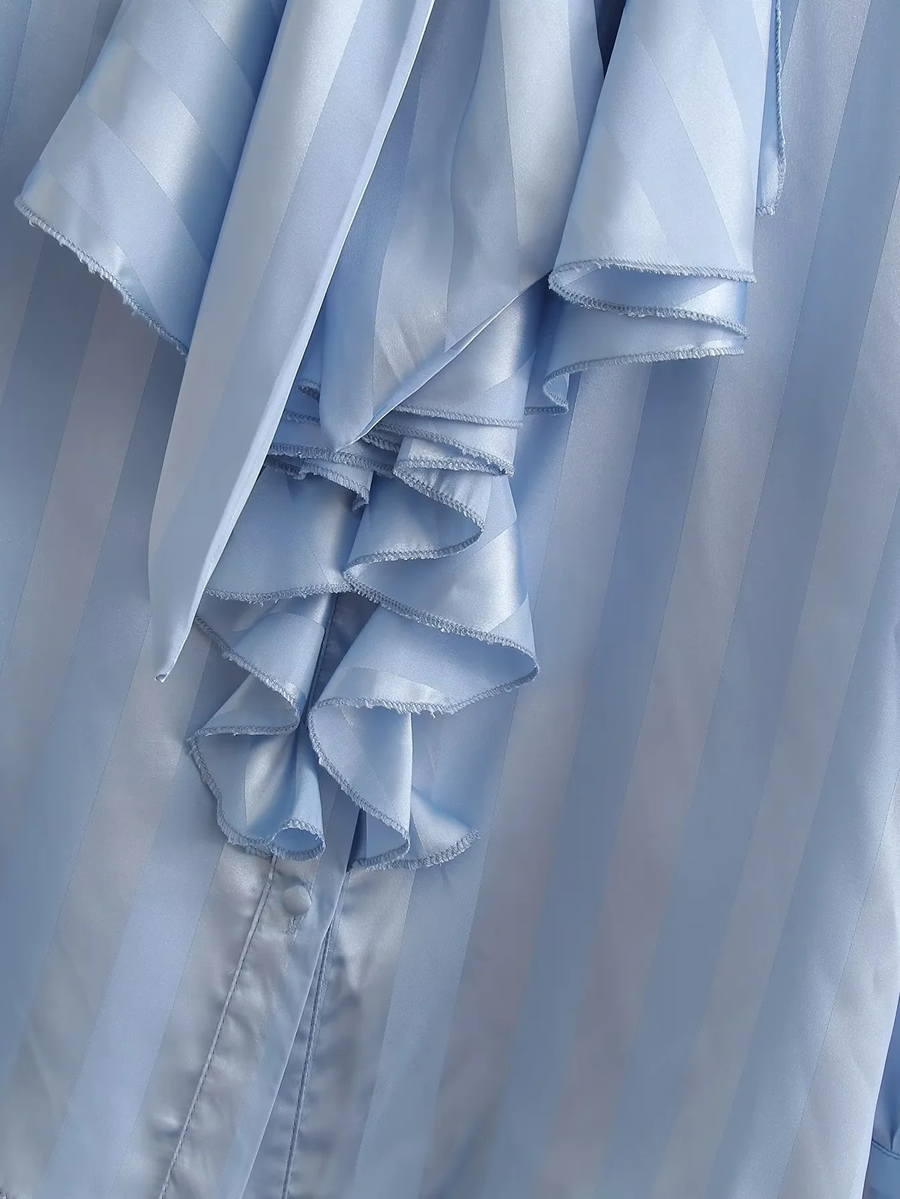 Fashion Blue Satin Stripe Bow Ribbon Shirt,Tank Tops & Camis