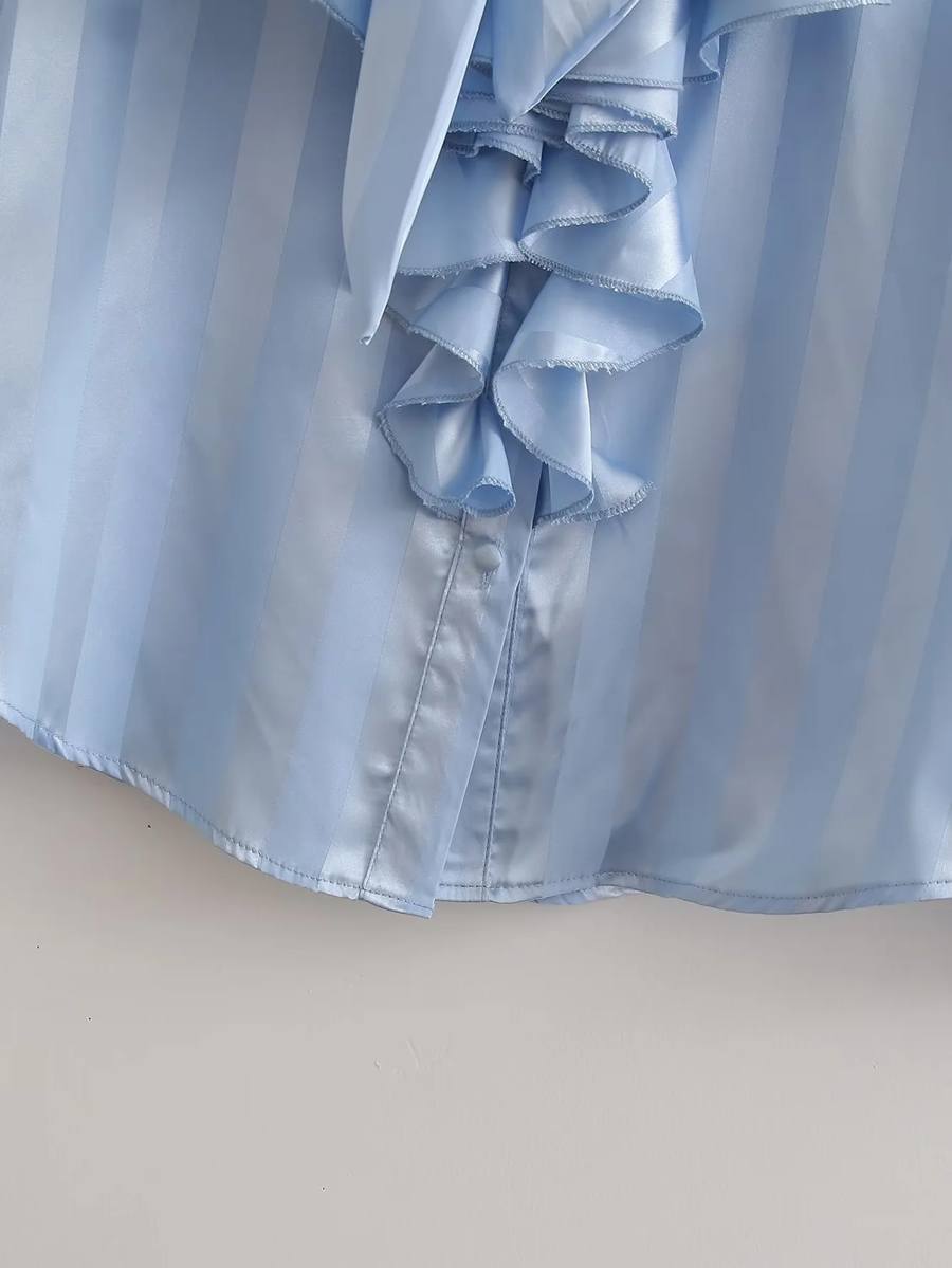 Fashion Blue Satin Stripe Bow Ribbon Shirt,Tank Tops & Camis