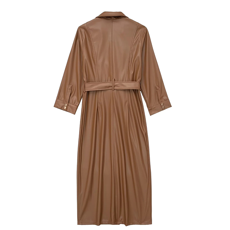 Fashion Brown Faux Leather Lapel V-neck Button-down Dress,Long Dress