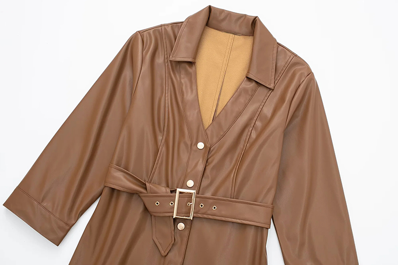 Fashion Brown Faux Leather Lapel V-neck Button-down Dress,Long Dress