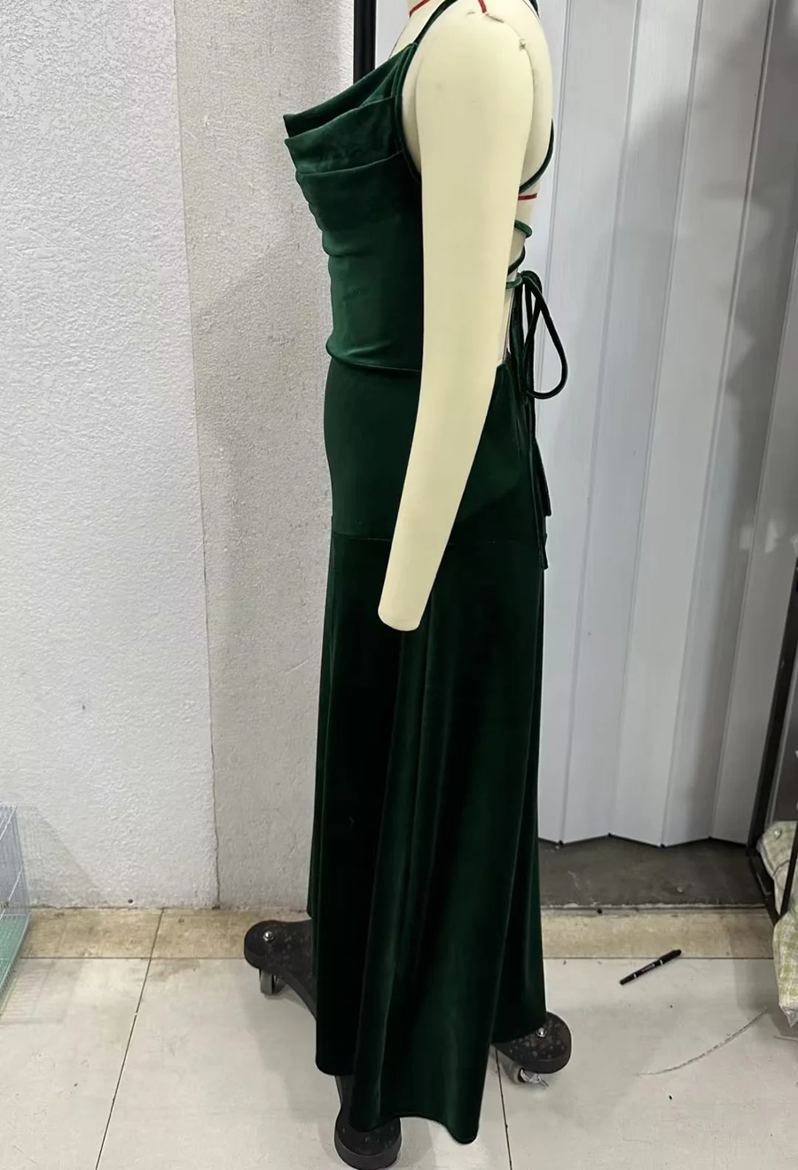 Fashion Green Velvet Back Cross Collar Slip Dress,Long Dress
