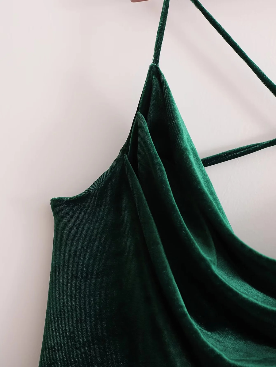 Fashion Green Velvet Back Cross Collar Slip Dress,Long Dress