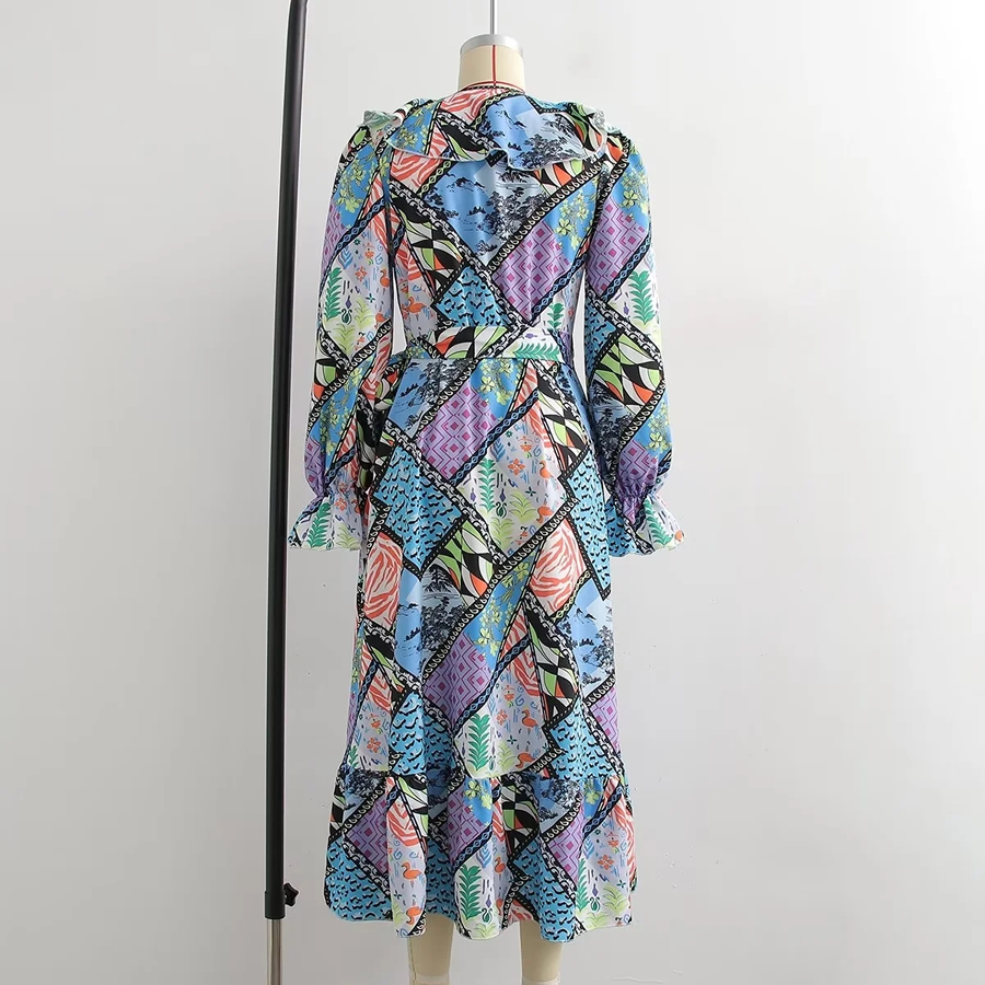 Fashion Suit Geometric Print Lace V-neck Dress,Long Dress