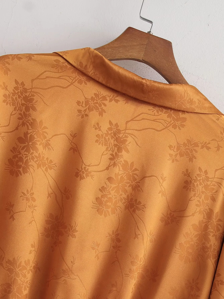 Fashion Khaki Satin Jacquard V-neck Pleated Dress,Long Dress