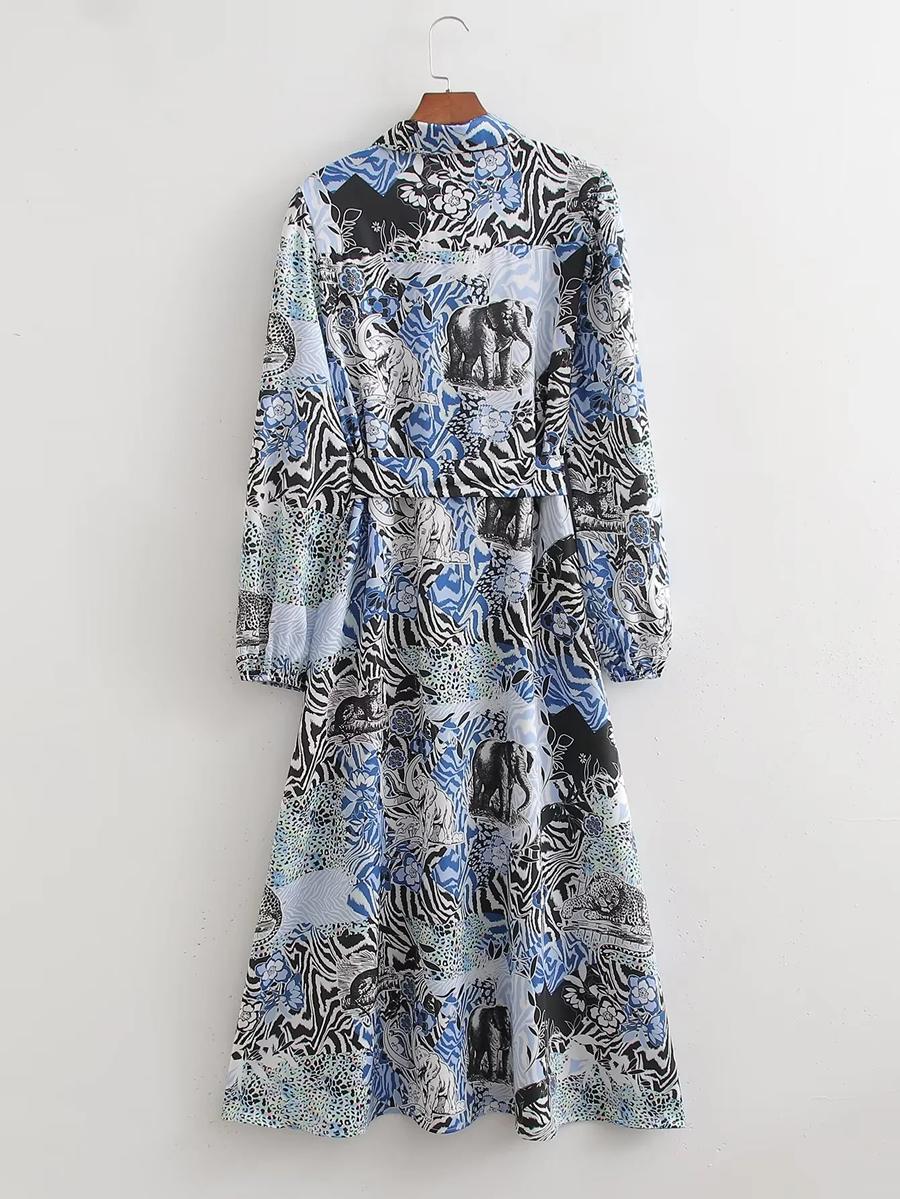 Fashion Blue Flower Geometric Print Lapel Belt Dress,Long Dress