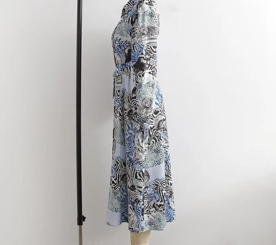 Fashion Blue Flower Geometric Print Lapel Belt Dress,Long Dress