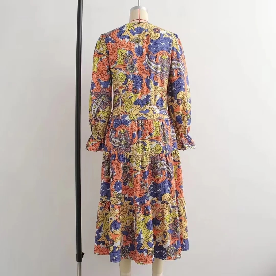 Fashion Suit Geometric Print V-neck Lace-up Dress,Long Dress