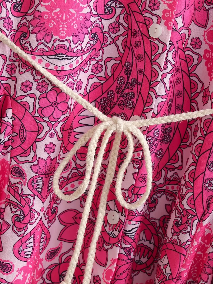 Fashion Pink Flower Satin-print Lapel-breasted Dress,Long Dress