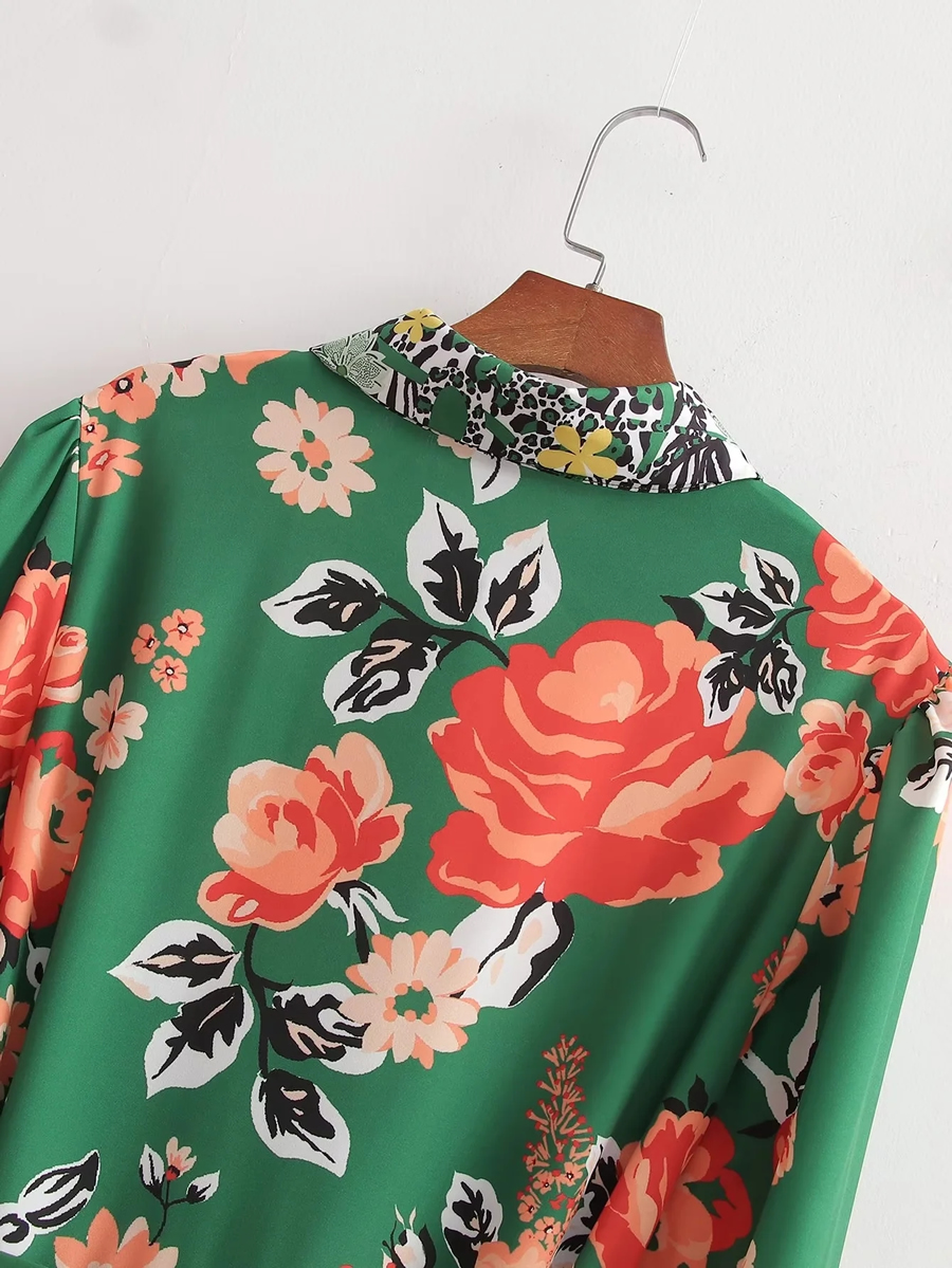 Fashion Orange Flower On Green Background Geometric Print Swing Dress,Long Dress