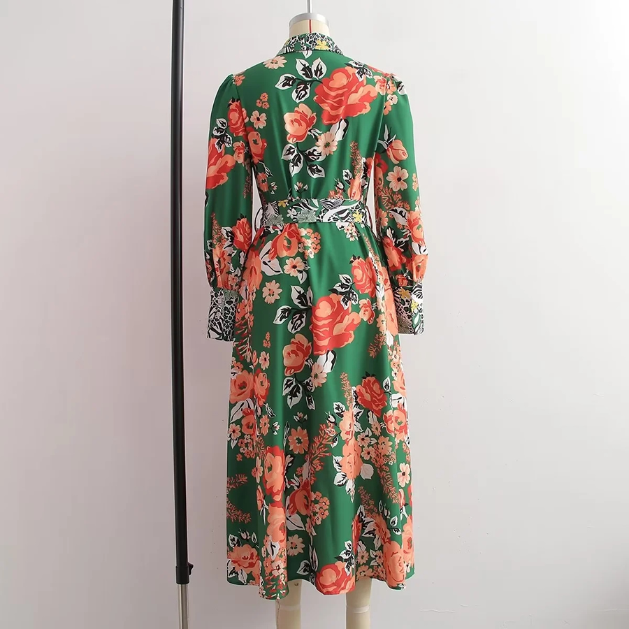 Fashion Orange Flower On Green Background Geometric Print Swing Dress,Long Dress