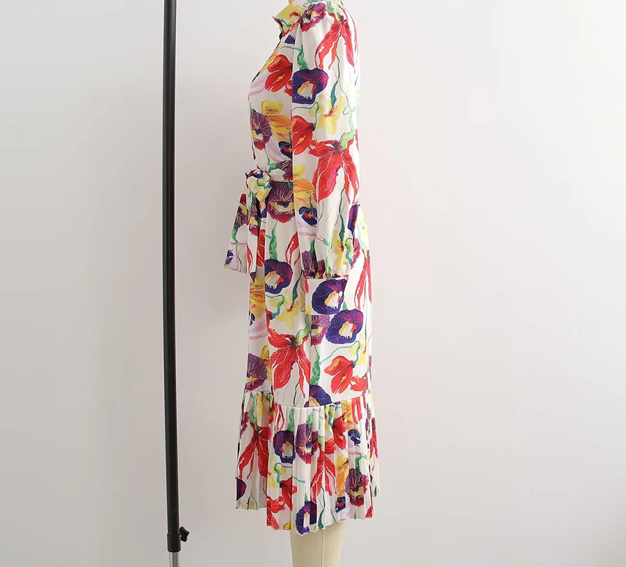 Fashion Colorful Flowers On White Satin Print Lace-up Dress,Long Dress