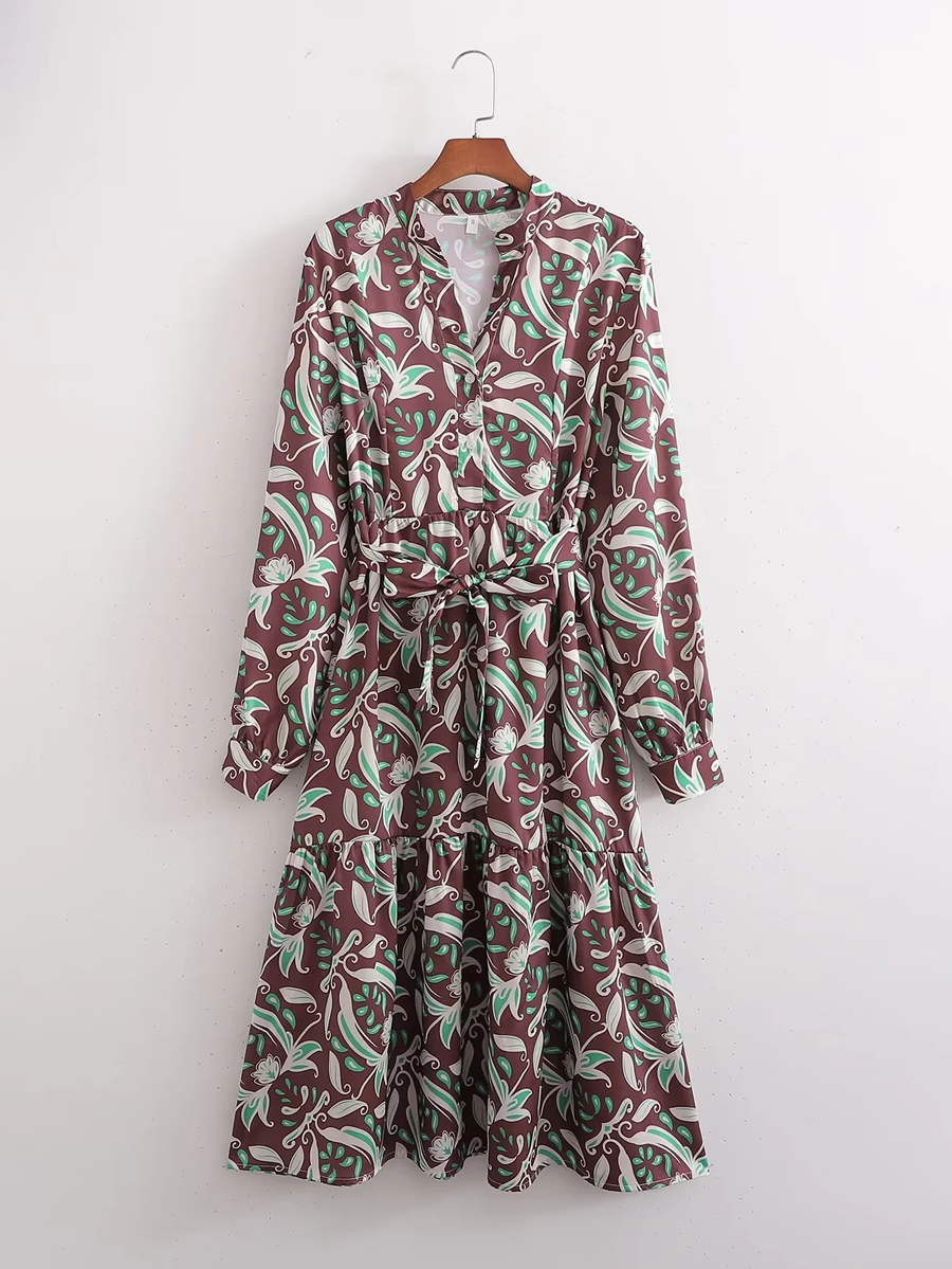 Fashion Red And Green Flowers On A Brown Background Satin Print Swing Dress,Long Dress