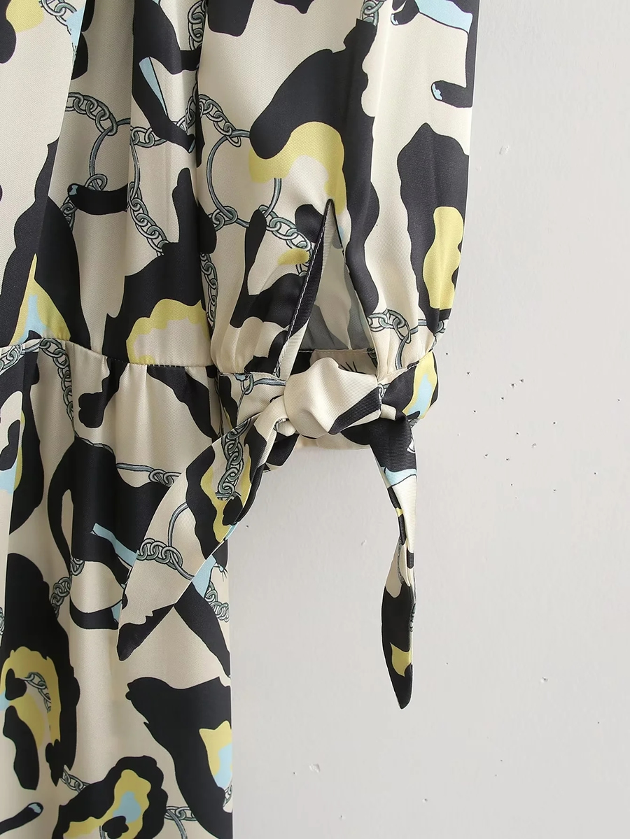 Fashion Yellow And Black Leopard Print Satin Print Lace-up Dress,Long Dress